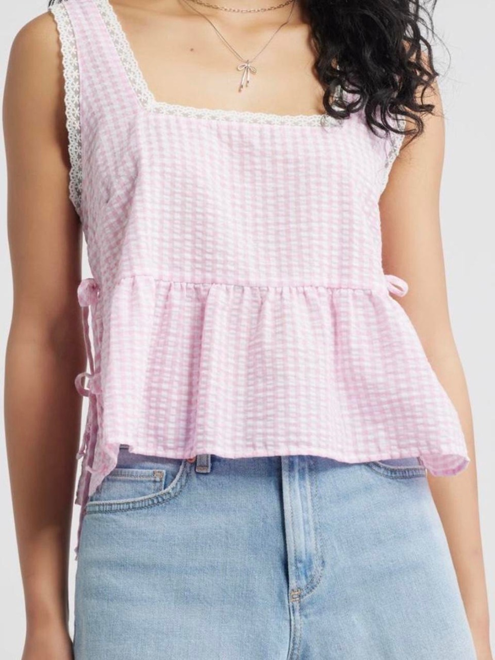 BP Pink Gingham Lace-Trim Cami Top with Side Ties
